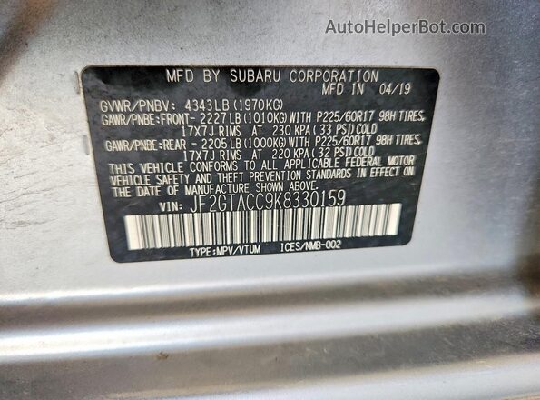 JF2GTACC9K8330159 2019 SUBARU CROSSTREK Silver VIN կոդի պիտակի տեսք
