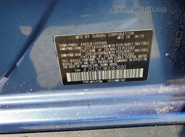 JF2GTACC9KH363680 2019 SUBARU CROSSTREK Blue სალონის 360-გრადუსიანი ხედი