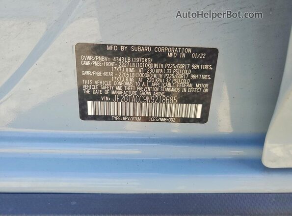 JF2GTACC9N9218685 2022 SUBARU CROSSTREK Blue VIN sticker view