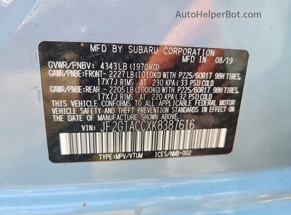 JF2GTACCXK8387616 2019 SUBARU CROSSTREK Blue Engine compartment view
