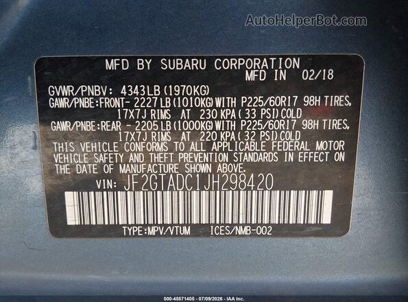 JF2GTADC1JH298420 2018 SUBARU CROSSTREK Blue Շարժիչի բաժամունքի տեսք