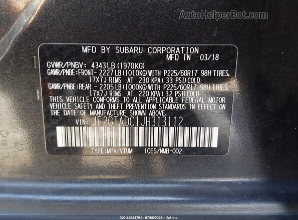 JF2GTADC1JH313112 2018 SUBARU CROSSTREK Black Вид підкапотного простору