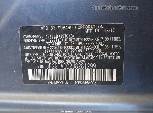 JF2GTADC2J8281299 2018 SUBARU CROSSTREK Blue Engine compartment view