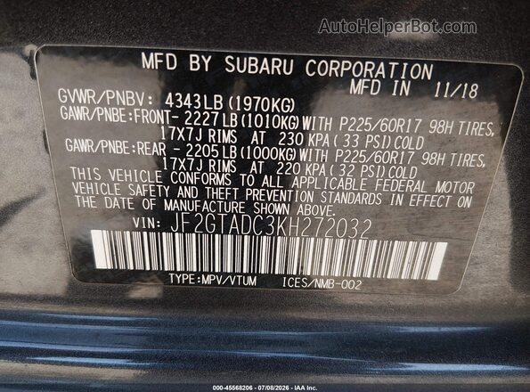 JF2GTADC3KH272032 2019 SUBARU CROSSTREK Black Շարժիչի բաժամունքի տեսք