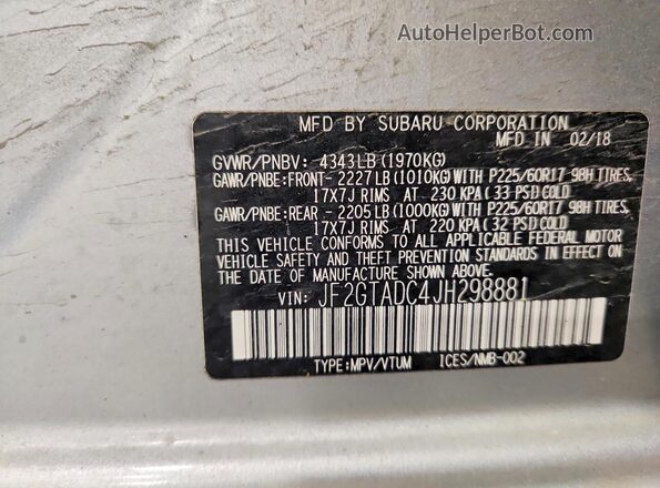 JF2GTADC4JH298881 2018 SUBARU CROSSTREK Серебряный Вид наклейки с VIN-кодом