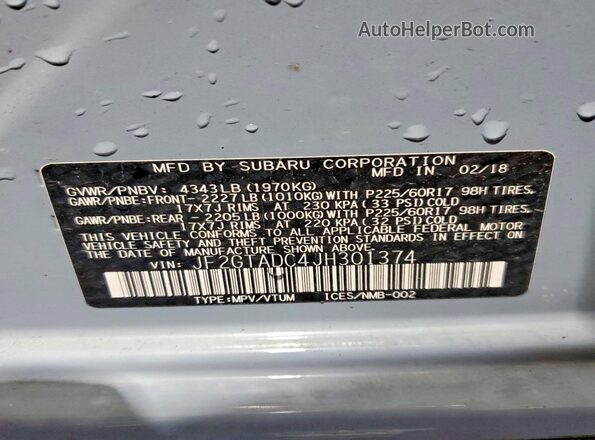 JF2GTADC4JH301374 2018 SUBARU CROSSTREK Blue Вид наклейки з VIN-кодом