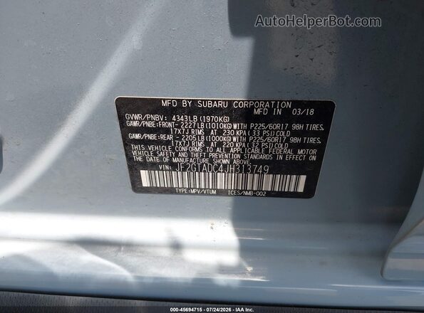 JF2GTADC4JH313749 2018 SUBARU CROSSTREK Light Blue Vista del compartimento del motor