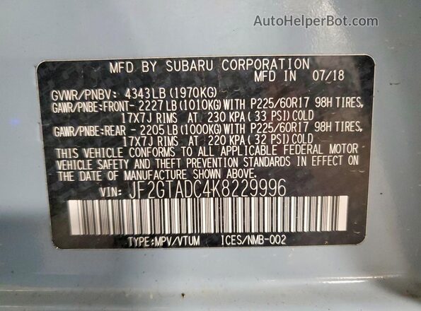 JF2GTADC4K8229996 2019 SUBARU CROSSTREK Синий Вид наклейки с VIN-кодом