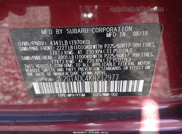 JF2GTADC4KH232977 2019 SUBARU CROSSTREK Red Widok komory silnika