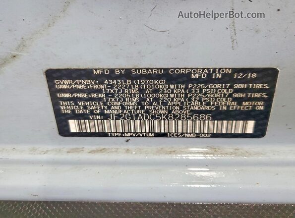 JF2GTADC5K8285686 2019 SUBARU CROSSTREK Синий Вид наклейки с VIN-кодом