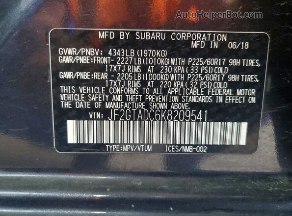 JF2GTADC6K8209541 2019 SUBARU CROSSTREK Black Вид наклейки з VIN-кодом