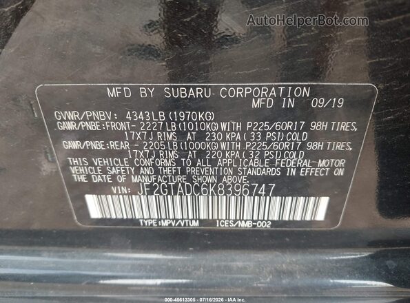 JF2GTADC6K8396747 2019 SUBARU CROSSTREK Black Вид підкапотного простору