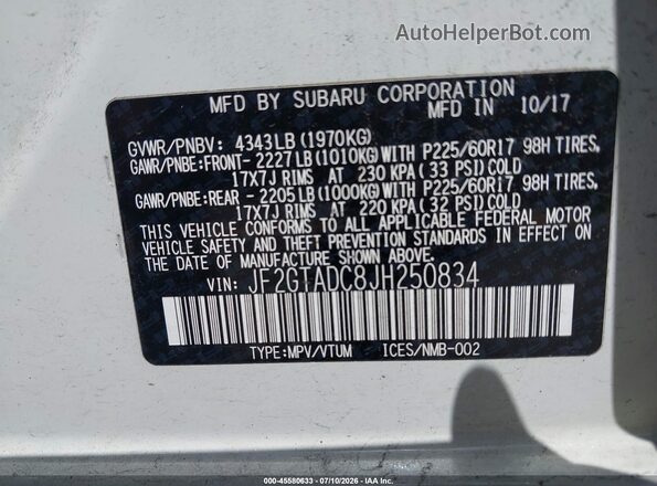JF2GTADC8JH250834 2018 SUBARU CROSSTREK White Շարժիչի բաժամունքի տեսք