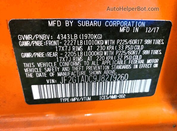 JF2GTADC9J8279260 2018 SUBARU CROSSTREK Orange 360 interior view