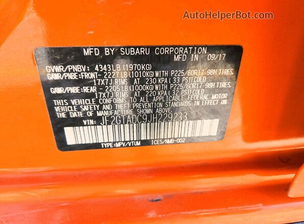 JF2GTADC9JH229233 2018 SUBARU CROSSTREK Оранжевый Вид подкапотного пространства