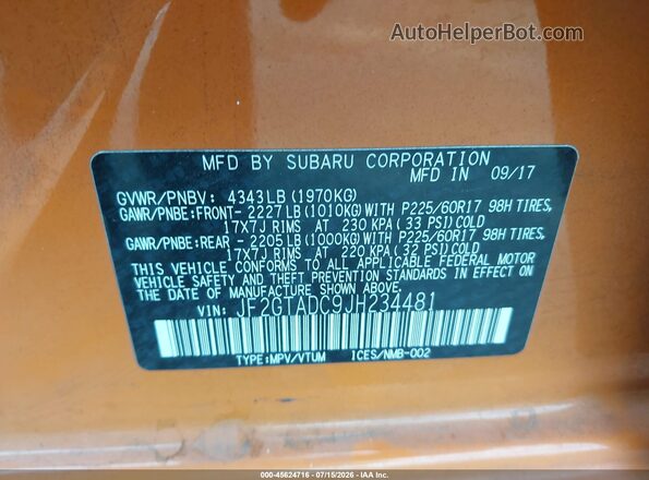 JF2GTADC9JH234481 2018 SUBARU CROSSTREK Orange Vista del compartimento del motor