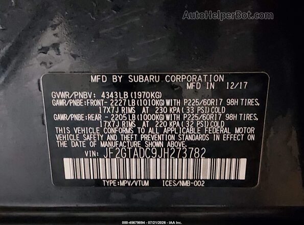 JF2GTADC9JH273782 2018 SUBARU CROSSTREK Gray ძრავის განყოფილების ხედი