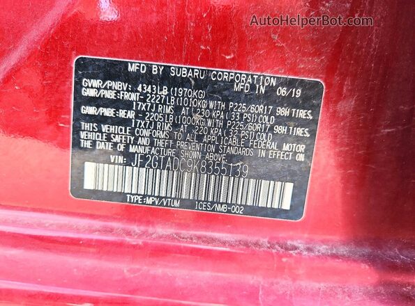 JF2GTADC9K8355139 2019 SUBARU CROSSTREK Red ძრავის განყოფილების ხედი