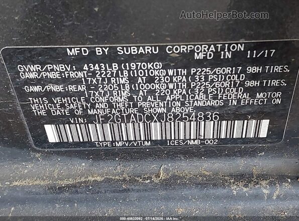 JF2GTADCXJ8254836 2018 SUBARU CROSSTREK Blue Вид підкапотного простору