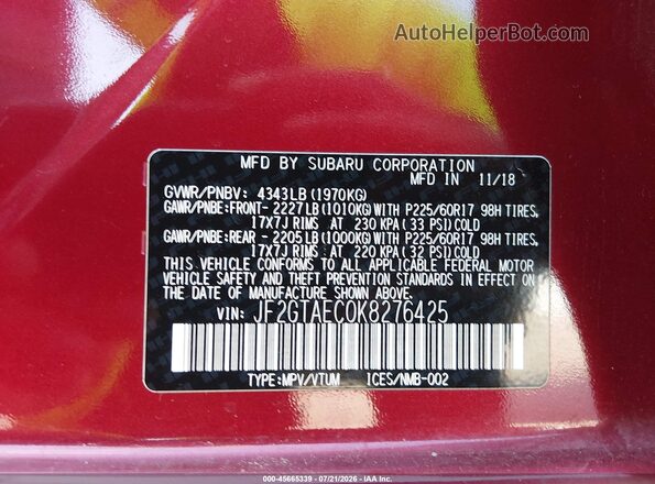 JF2GTAEC0K8276425 2019 SUBARU CROSSTREK Red Շարժիչի բաժամունքի տեսք