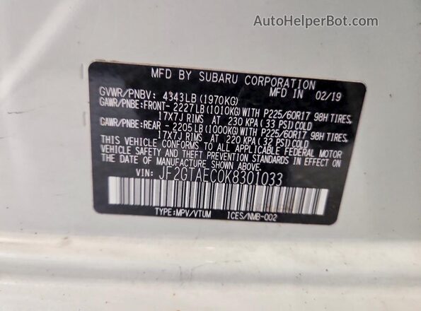 JF2GTAEC0K8301033 2019 SUBARU CROSSTREK White Vista de la etiqueta del VIN