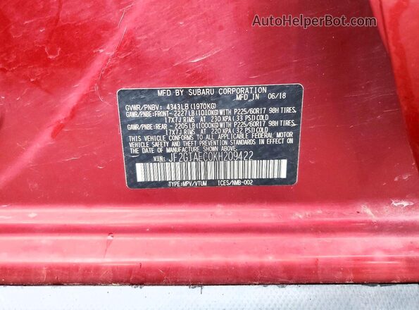 JF2GTAEC0KH209422 2019 SUBARU CROSSTREK Maroon Вид підкапотного простору