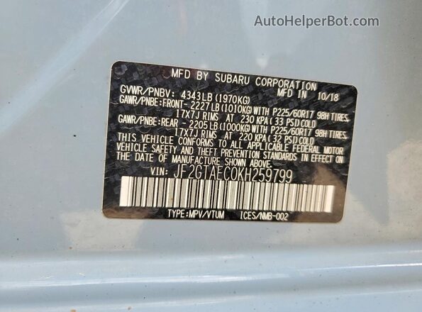 JF2GTAEC0KH259799 2019 SUBARU CROSSTREK Blue Widok naklejki z numerem VIN