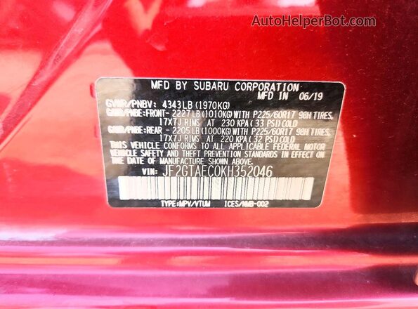 JF2GTAEC0KH352046 2019 SUBARU CROSSTREK Красный Вид наклейки с VIN-кодом