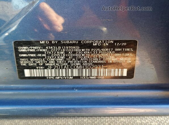 JF2GTAEC0MH302931 2021 SUBARU CROSSTREK Blue Widok naklejki z numerem VIN