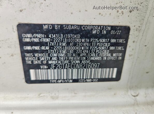 JF2GTAEC0N8216097 2022 SUBARU CROSSTREK White 360 interior view