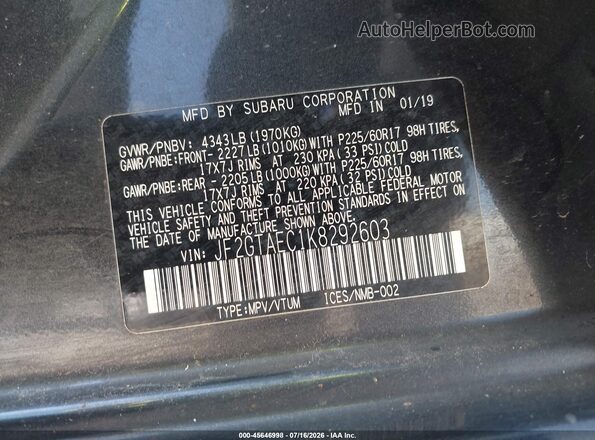 JF2GTAEC1K8292603 2019 SUBARU CROSSTREK Gray Widok komory silnika