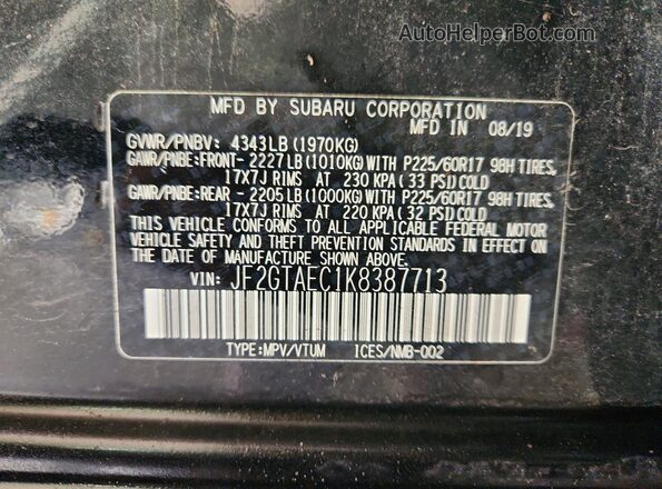 JF2GTAEC1K8387713 2019 SUBARU CROSSTREK Black Вид підкапотного простору