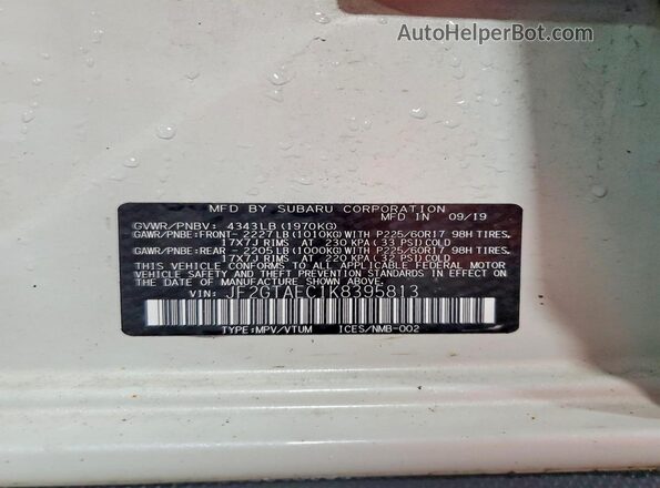 JF2GTAEC1K8395813 2019 SUBARU CROSSTREK White Widok naklejki z numerem VIN