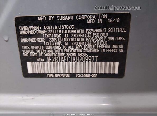 JF2GTAEC1KH209977 2019 SUBARU CROSSTREK Blue Вид підкапотного простору