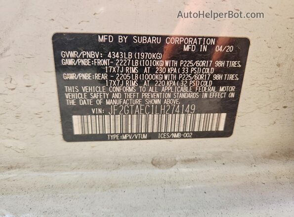 JF2GTAEC1LH274149 2020 SUBARU CROSSTREK White Widok komory silnika