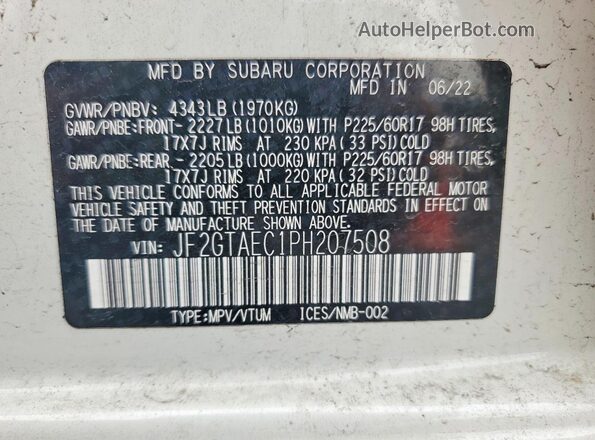 JF2GTAEC1PH207508 2023 SUBARU CROSSTREK White VIN კოდის სტიკერის ხედი