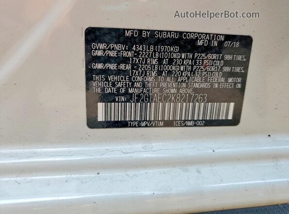 JF2GTAEC2K8217263 2019 SUBARU CROSSTREK White ძრავის განყოფილების ხედი