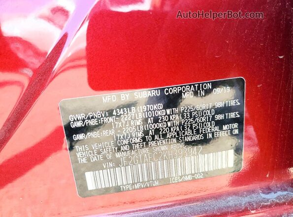 JF2GTAEC2KH393942 2019 SUBARU CROSSTREK Burgundy VIN կոդի պիտակի տեսք