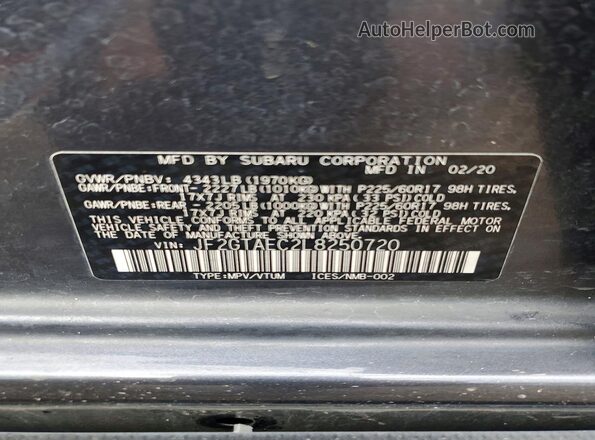 JF2GTAEC2L8250720 2020 SUBARU CROSSTREK Gray Widok komory silnika