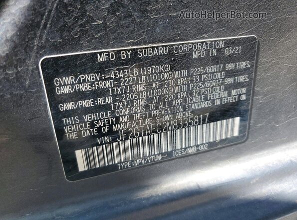 JF2GTAEC2M8335817 2021 SUBARU CROSSTREK Charcoal VIN sticker view