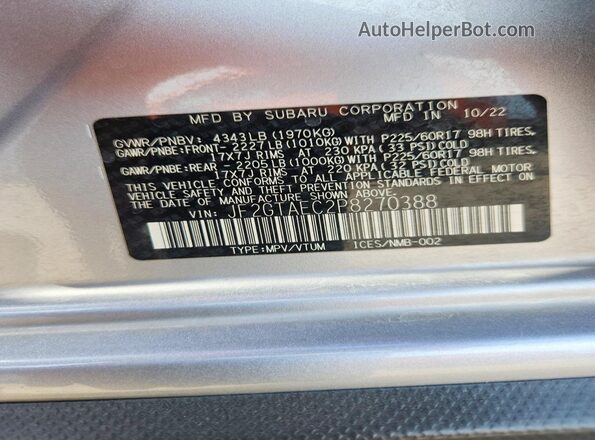 JF2GTAEC2P8270388 2023 SUBARU CROSSTREK Silver Widok naklejki z numerem VIN