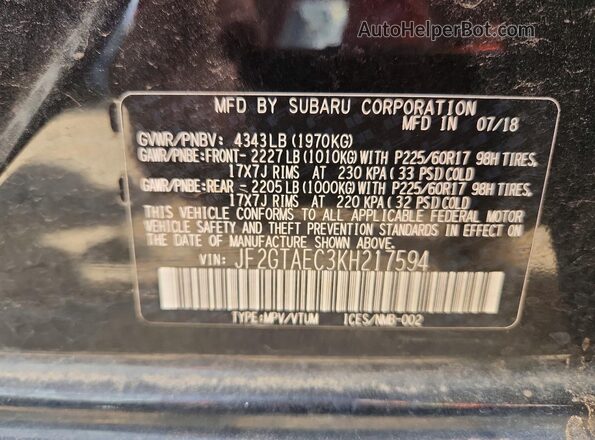 JF2GTAEC3KH217594 2019 SUBARU CROSSTREK Black ძრავის განყოფილების ხედი
