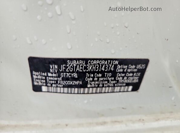 JF2GTAEC3KH314374 2019 SUBARU CROSSTREK White Engine compartment view
