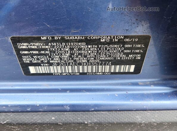 JF2GTAEC3KH357774 2019 SUBARU CROSSTREK Blue VIN sticker view
