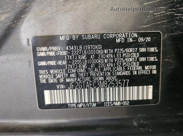 JF2GTAEC3M8253577 2021 SUBARU CROSSTREK Gray VIN sticker view