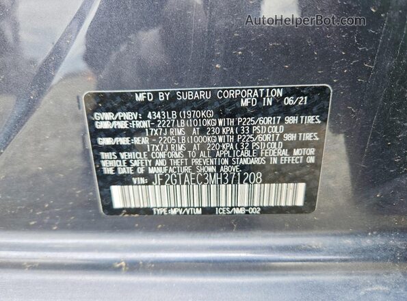 JF2GTAEC3MH371208 2021 SUBARU CROSSTREK Charcoal Вид підкапотного простору