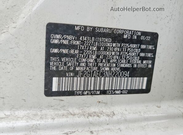 JF2GTAEC3NH220094 2022 SUBARU CROSSTREK White Engine compartment view