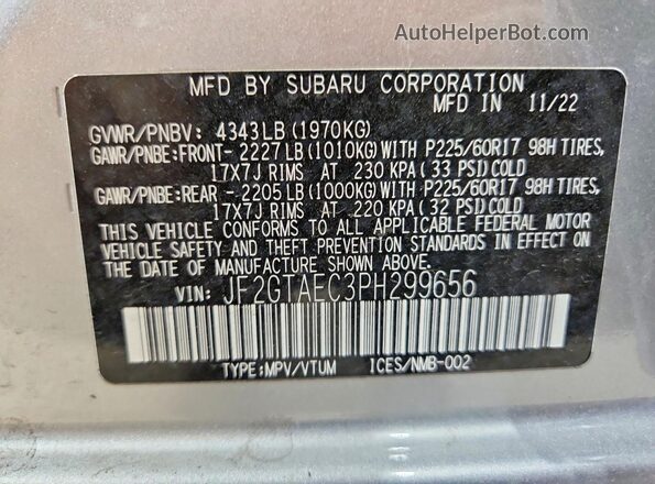 JF2GTAEC3PH299656 2023 SUBARU CROSSTREK Gray VIN კოდის სტიკერის ხედი