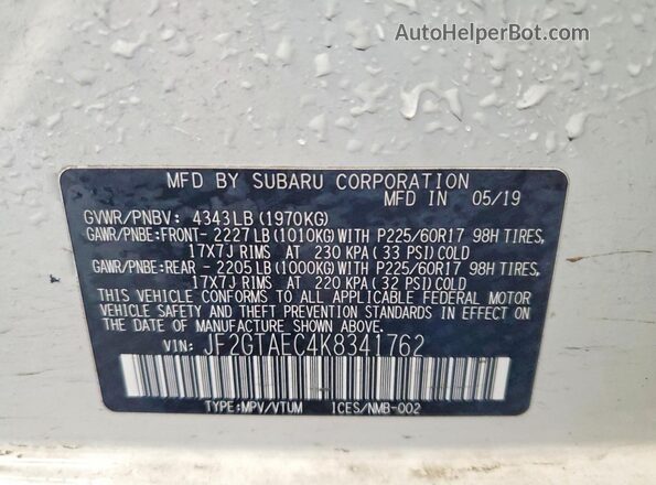 JF2GTAEC4K8341762 2019 SUBARU CROSSTREK Белый Вид наклейки с VIN-кодом