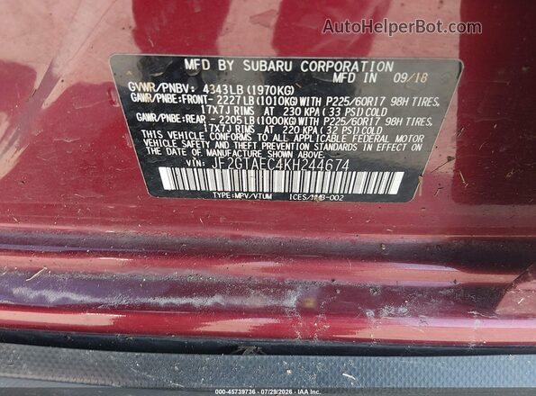 JF2GTAEC4KH244674 2019 SUBARU CROSSTREK Red Вид підкапотного простору